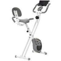 HOMCOM Bicicleta Estática Magnética Dobrável Fitness Interior Encosto Selim Ajustável Pegas Tela LCD Suporte Tablet Aço Branco Cinza(m-1)