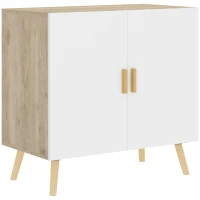 HOMCOM Buffet Móvel de Armazenamento com Alças de Bambu Prateleira Ajustável Base Elevada 76x41,2x74 cm Branco Madeira Natural(m-1)