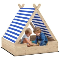 Aiyaplay Caixa de Areia em Madeira para Crianças 3-6 Anos Auvent Removível Resistente Às Intempéries 120x120x126,5 cm Madeira Natural(m-6)