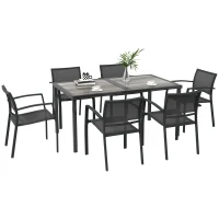 Outsunny Conjunto de Sala de Jantar de Jardim 7 Peças com 1 Mesa e 6 Cadeiras Empilháveis em Metal Epóxi Textilene Cinza Escuro(m-6)