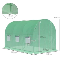 Outsunny Estufa de Jardim Tunnel Superfície Solo 6 ㎡ 3x2x2 m Estrutura Tubular Reforçada Porta com Zíper 6 Janelas Enroláveis Verde(m-3)