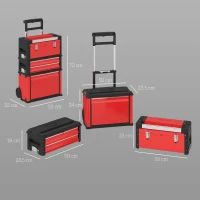 HOMCOM Conjunto de 3 Caixas de Ferramentas Sobre Rodas Empilháveis e Modulares em Aço com Bandeja Alças e Fechadura Vermelho(m-3)