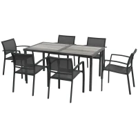 Outsunny Conjunto de Sala de Jantar de Jardim 7 Peças com 1 Mesa e 6 Cadeiras Empilháveis em Metal Epóxi Textilene Cinza Escuro(m-1)