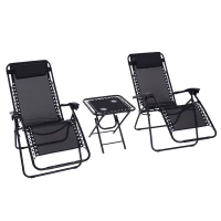Outsunny Set de 2 Sillas de Gravedad Cero Plegables 90x65x110 cm y Mesa Auxiliar 50x50x50 cm con 2 Portavasos Sillas Reclinables con Reposacabezas para Jardín Terraza Negro(m-10)