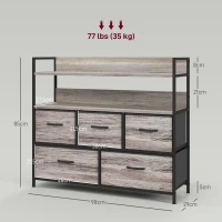 HOMCOM Móvel de Armazenamento Estilo Industrial Cómoda 5 Gavetas em Tecido Dobráveis e Removíveis e Prateleiras 98x29x85 cm(m-3)