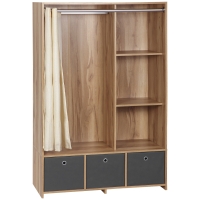 HOMCOM Armário de Closet Armário de Arrumação com Barra Cortinas 3 Gavetas de Tecido Removíveis 105x48x160 cm Natural