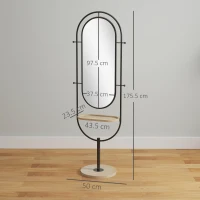 HOMCOM Espelho de Corpo Inteiro Oval com Tampo de Madeira 4 Ganchos e Moldura de Metal 50x40x175,5 cm Preto(m-3)