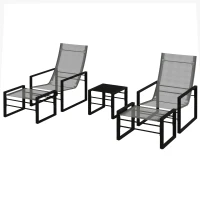 Outsunny Sala de Jardim 5 Peças 2 Lugares com 2 Cadeiras 2 Apoios de Pés e 1 Mesa Metal Preto Assento em Tecido de Malha Cinza(m-7)