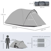 Outsunny Tenda de Acampamento 2-3 Pessoas Tenda Dôma Impermeável Leve Ventilada 2 Portas Janelas Fibra de Vidro Poliéster PP Cinza(m-3)