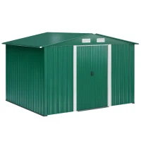Outsunny Caseta de Metálico 258x206x178 cm 5,3m² con Puertas Correderas y Ventilaciones para Almacenamiento de Herramientas Verde(m-10)