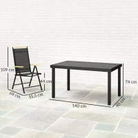 Outsunny Mobiliário de Jardim Exterior para 6 Pessoas Estrutura em Alumínio Mesa 140 cm 6 Cadeiras Dobráveis e Reclináveis Preto(m-3)