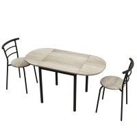 HOMCOM Conjunto Mesa Oval Extensível e 2 Cadeiras Mesa de Folha Metal e MDF Preto e Natural(m-7)