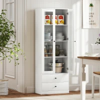 HOMCOM Móvel de Arrumação Sala de Estar Moderno com Armário de Portas de Vidro Prateleiras Ajustáveis e 2 Gavetas 59x30x164 cm Branco(m-2)