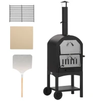 Outsunny Forno de Pizza Exterior a Carvão Churrasqueira com Rodas Forno de Lenha Pedra Refratária Chaminé Termômetro Aço Preto Cinza(m-7)