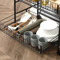 HOMCOM Carrinho de Cozinha 3 Níveis Armazenamento Rodízios 2 Cestos Removíveis Prateleira e Ganchos Laterais 60x38x85,5 cm Nogueira(m-5)