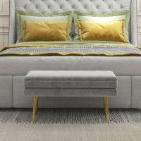 HOMCOM Banco Baú de Armazenamento 2 em 1 Assento de Veludo e Pés de Aço 79,5x37,5x43 cm Cinza e Dourado(m-4)