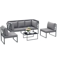 Outsunny Außenmöbel-Set, 3-Sitzer-Sofa mit Baldachin, 2 Stühle, Couchtisch mit Glasplatte, 12 Kissen, Stahlrahmen, Grau(m-10)