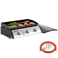 Outsunny Plancha a Gás 3 Queimadores 7,5 kW Superfície de Cozimento 61x35,5 cm com Tampa Gás Liquefeito/Propano 63x47x25 cm Preto(m-6)
