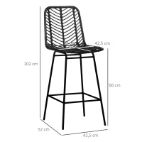 HOMCOM Conjunto de 2 Bancos de Bar estilo Boêmio Altura 66 cm com Apoio para Os Pés em Metal e Vime PP Preto(m-3)