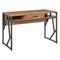 HOMCOM Secretária de Estilo Industrial 120x60x76 cm com Gaveta 2 Prateleiras Pés de Metal Preto Tampo Aparência de Madeira Nogueira(m-6)