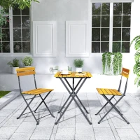 Outsunny Conjunto Bistrô de Jardim 3 Peças com 2 Cadeiras e Mesa de Centro em Madeira de Acácia e Aço Efeito Madeira Natural(m-2)