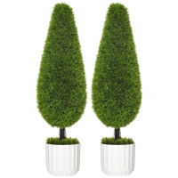 HOMCOM Conjunto de 2 Plantas Artificiais Incluindo Vaso Externo e Musgo Artificial Cipreste Artificial Branco Verde