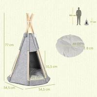 Pawhut Tenda Teepee para Animais Gato ou Cão Almofada Espessa 2 Pompons Incluídos Estrutura de Pinho Feltro Pelúcia Cinza(m-3)