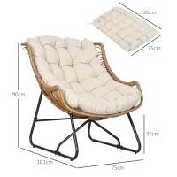 Outsunny Poltrona de Jardim Imitação de Vime Poltrona de Exterior com Almofada Estrutura Metálica 75x101x90 cm Madeira Cáqui Preto(m-3)