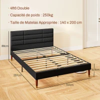 HOMCOM Cama de Casal para 2 Pessoas com Estrado de Ripas e Cabeceira Estofada Compatível com Colchão 140x200 cm Preto(m-3)