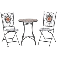 Outsunny Conjunto Bistrô 2 Lugares 3 Peças Ferro Forjado Mosaico de Cerâmica Motivo Rosa Dos Ventos Cadeiras Dobráveis Metal Preto