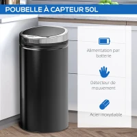 HOMCOM Poubelle automatique 42L, poubelle de cuisine acier galvanisé à capteur de mouvement et bac interne amovible, noir(m-6)