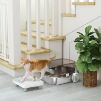 PawHut Arenero para Gatos Cubierto con Bandeja de Acero Inoxidable Bordes Altos Pala Peldaño y Zona para Caída de Arena Gris(m-7)