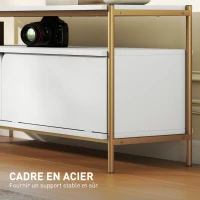 HOMCOM Meuble TV meuble télé pour téléviseur jusqu'à 55 pouces avec 2 portes rabattables et étagère ouverte, 124x35x50cm, blanc(m-5)