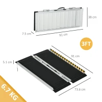 HOMCOM Rampa pentru Scaune cu Rotile, 91L x 73l cm, sustine 272KG, Rampa pentru Prag Pliabila din Aluminiu cu Suprafata Antiderapanta, Placi de Tranzitie Deasupra si Dedesubt pentru Casa, Trepte, Scari, Borduri, Usi de Acces(m-3)