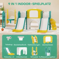 AIYAPLAY 9-w-1 zestaw zjeżdżalni i huśtawki dla maluchów z koszem do koszykówki, teleskopem, tablicą do rysowania, designem żabki, Żółty+Zielony(m-4)