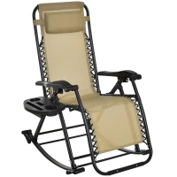 Outsunny Garden Rocking Chair Folding Recliner Outdoor Adjustable Sun Lounger Rocker Zero-Gravity Seat with Headrest Side Holder Patio Deck - Beige(m-1)