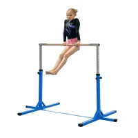HOMCOM Gymnastik-Turnreck, 13-stufig höhenverstellbar Reckstange, Reck Turnstange aus Holz & stabile Stahlkonstruktion bis 75 kg belastbar, für 3+ Kinder, Indoor, Outdoor, Blau(m-11)