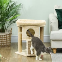 PawHut Krabpaal met Jute-Krabmat, Ligplatform, Speelbal, Kattenhuis, Beige, 40 x 40 x 57 cm(m-10)