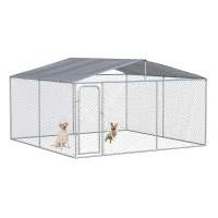 PawHut Canil de Exterior 4x4x2,3 cm com Toldo Anti-UV Recinto para Cães com Porta com Trava e Estrutura de Metal  Prata(m-10)