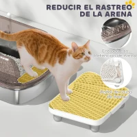 PawHut Arenero para Gatos Cubierto con Bandeja de Acero Inoxidable Bordes Altos Pala Peldaño y Zona para Caída de Arena Gris(m-5)