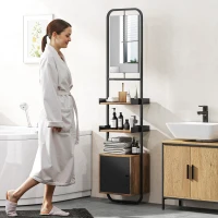 HOMCOM Étagère salle de bain rangement avec miroir, étagère de rangements avec étagères réglables et placard, 40x30x179cm, noir(m-8)