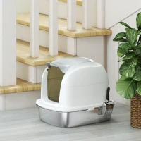 PawHut Litière pour Chats en Acier Inoxydable XL avec Couvercle Abattant Côtés Hauts Entrée Supérieure Pelle Blanc(m-5)