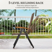 Outsunny Folding Rattan Garden Dining Chair with 5-level Reclining High Back, Wood Armrests for Outdoor, Patio - Brown(m-4)