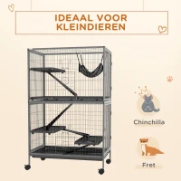 PawHut Kleine huisdierkooi met hangmat, knaagdierkooi met wielen, 4-verdiepingen kooi, Metaal, Kunststof, 80 x 52 x 128 cm, Grijs(m-7)