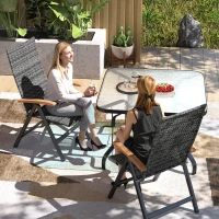 Outsunny 2 Pieces Folding Rattan Garden Dining Chairs with 5-level Reclining High Back, Wood Armrests for Outdoor - Mixed-grey(m-8)