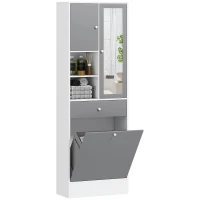 HOMCOM Meuble de salle de bain avec panier à linge et miroir étagère réglable 62 x 28,3 x 181 cm gris et blanc(m-11)