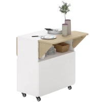 HOMCOM Table à Manger Pliante sur Roulettes, deux côtés de table pliables, Compartiment de rangement, 4 roulettes, Blanc+Bois naturel, 70 x 83 x 75cm(m-1)