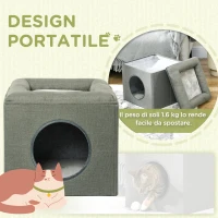 PawHut Casetta per Gatti a 2 Livelli con Cuscino in Peluche, in Legno, Poliestere e Plastica, 36.5x36.5x33 cm, Verde(m-6)