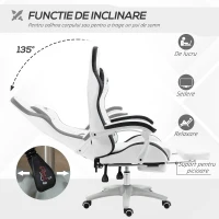 Vinsetto Scaun Gaming Reglabil pe Înălțime, Rabatabil și cu Suport pentru Picioare, Alb(m-5)