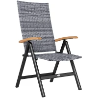 Outsunny Folding Rattan Garden Dining Chair with 5-level Reclining High Back, Wood Armrests for Outdoor, Patio - Light Grey(m-1)